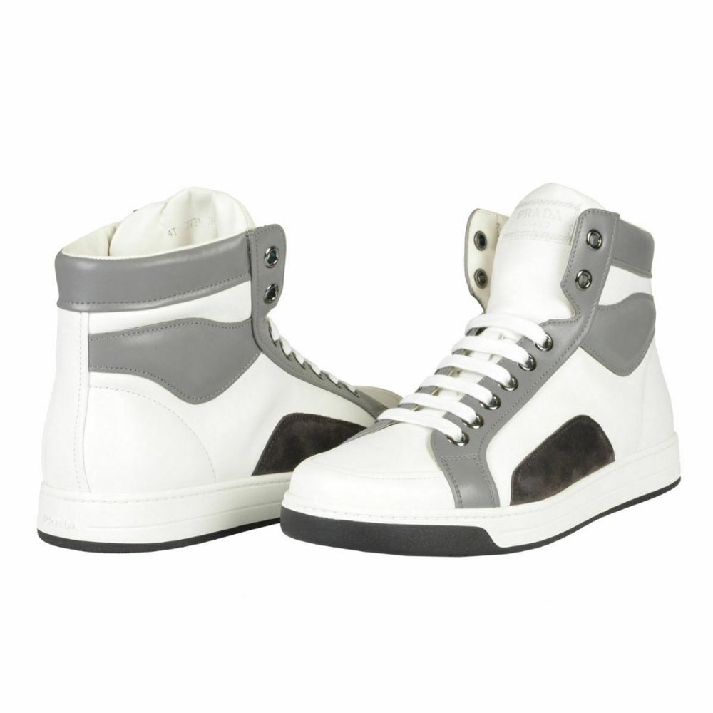 Prada Leather White Hi Top Fashion Sneakers Shoes - Picture 8 of 8
